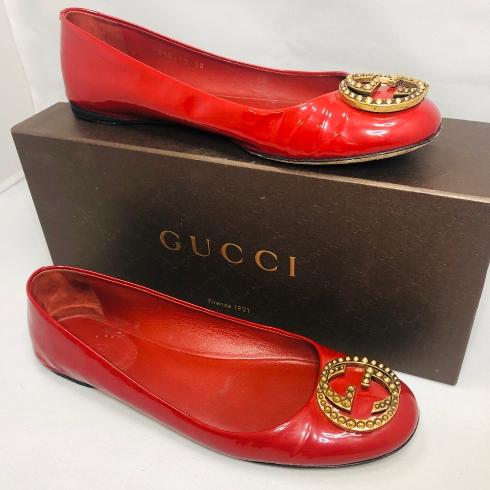 GUCCI Vernice Crystal Rose Bed Flats Size 38/8
